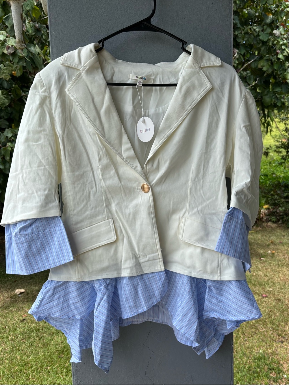 Pastels Cream Blazer with Blue Striped Layered Hem